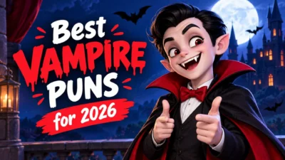 Cheerful cartoon vampire with fangs beside a moonlit castle for the best vampire puns in 2026