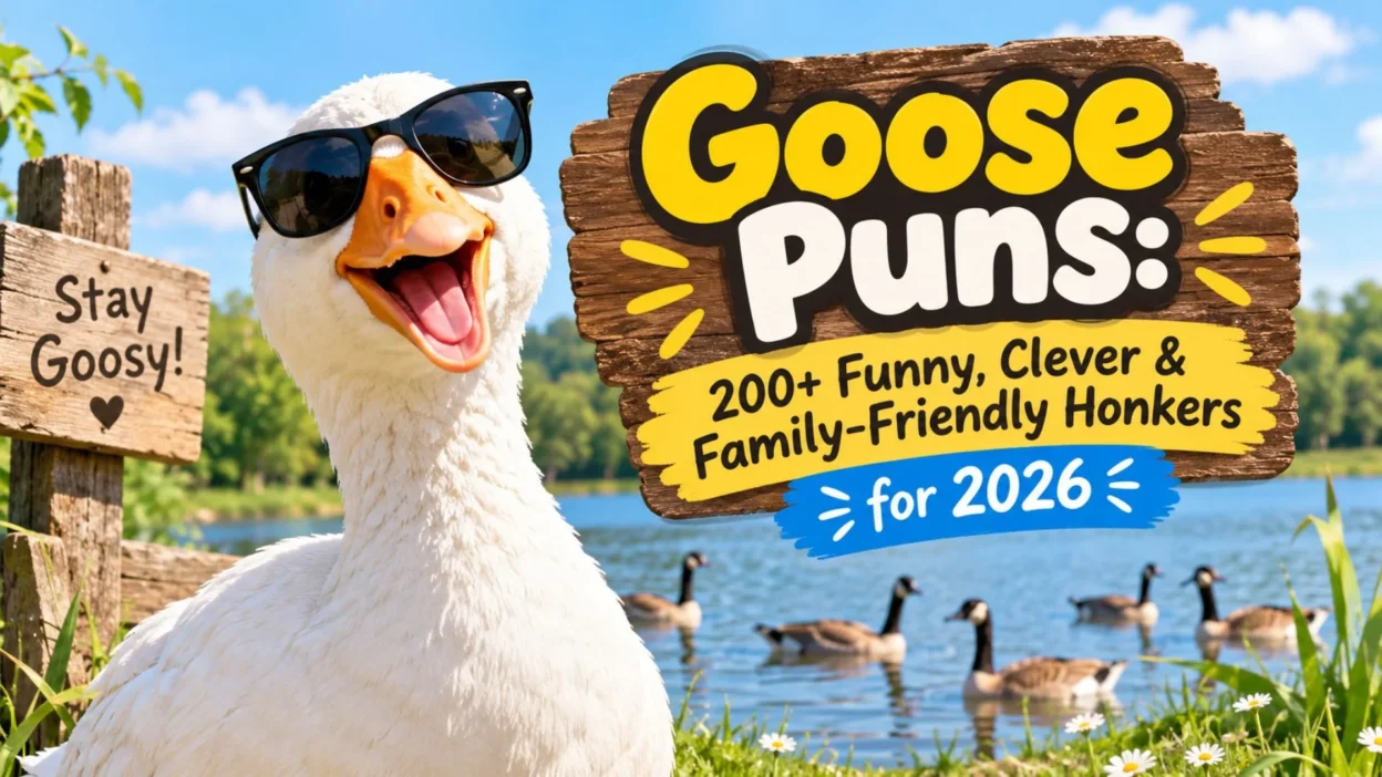 Funny goose puns banner featuring a cheerful goose wearing sunglasses beside a lakeside sign for 2026.