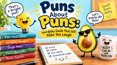 Puns about puns wordplay guide with a smiling lightbulb, funny avocado, colourful books, and a pun-themed mug