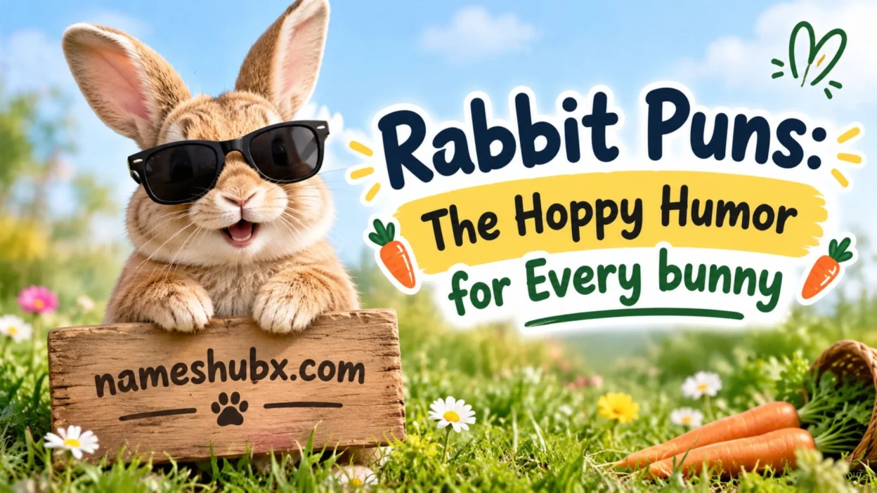 Funny rabbit puns banner with a rabbit wearing sunglasses and the title “The Hoppy Humour for Every bunny