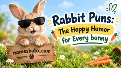 Funny rabbit puns banner with a rabbit wearing sunglasses and the title “The Hoppy Humour for Every bunny