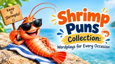 Fun shrimp puns collection with a cheerful shrimp enjoying a sunny beach day