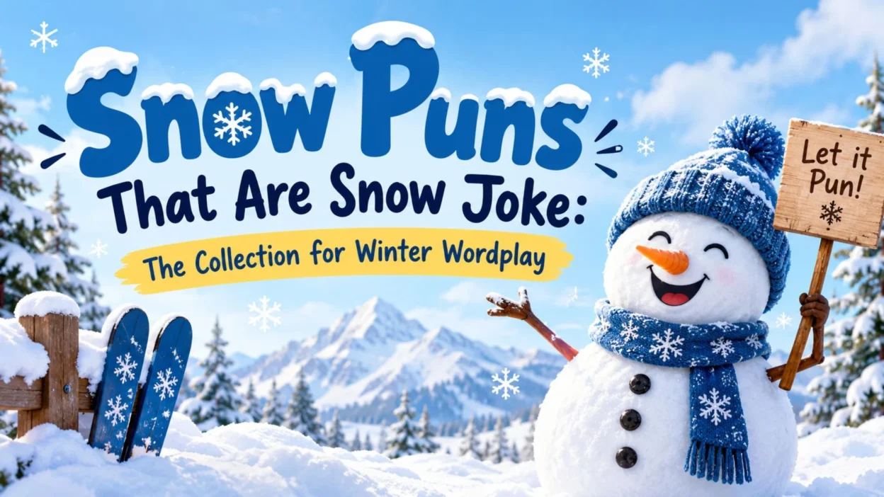 Snow puns banner with a cheerful snowman, snowy mountains, and winter wordplay lettering.