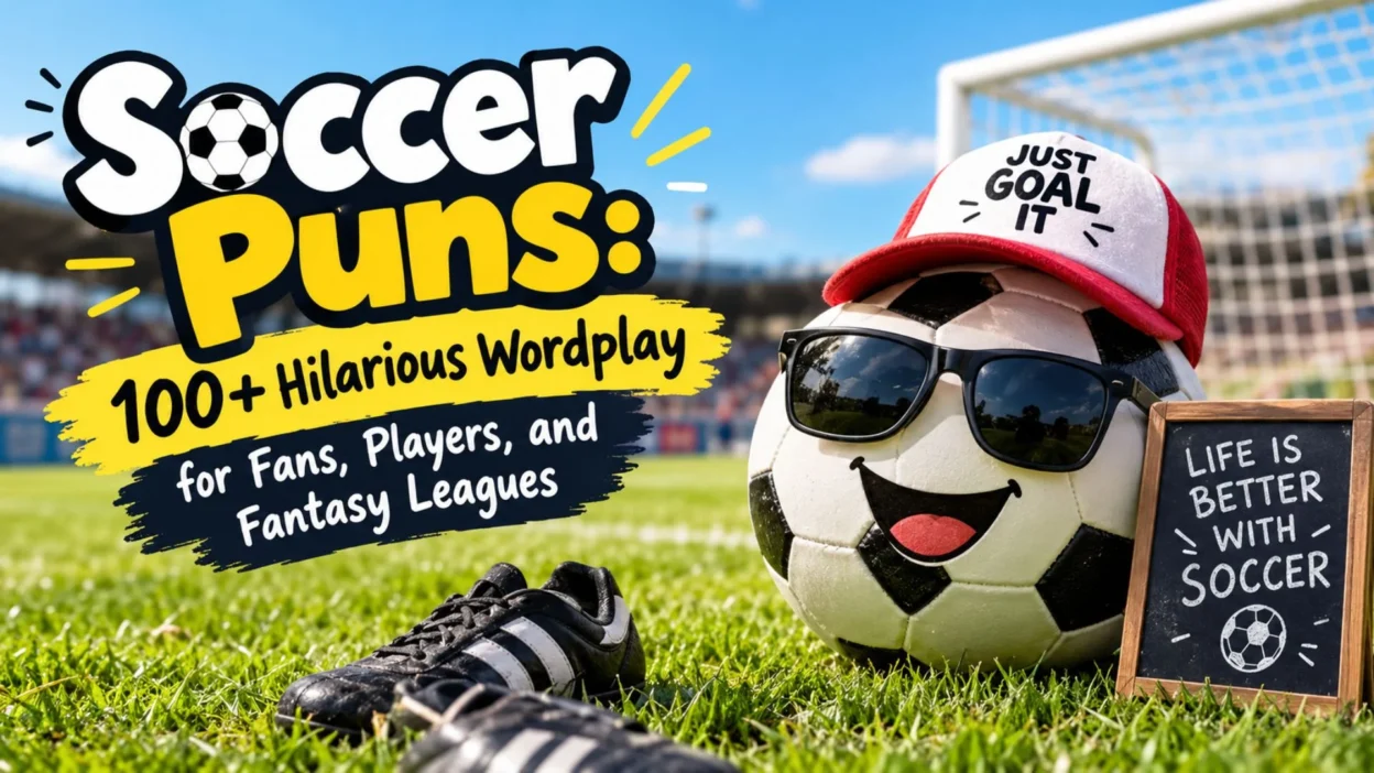 Soccer puns banner with a smiling soccer ball, football cleats, and funny wordplay for fans and players.