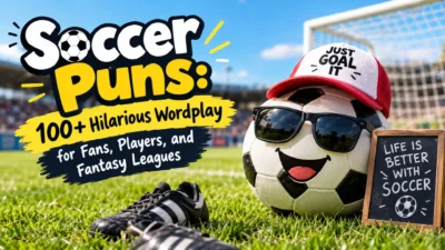 Soccer puns banner with a smiling soccer ball, football cleats, and funny wordplay for fans and players.
