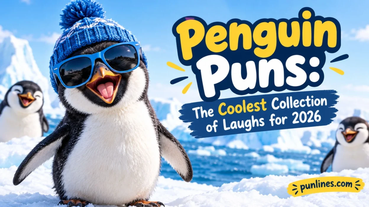 Funny penguin puns with a cool penguin in sunglasses on a snowy Antarctic backdrop