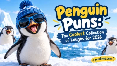 Funny penguin puns with a cool penguin in sunglasses on a snowy Antarctic backdrop