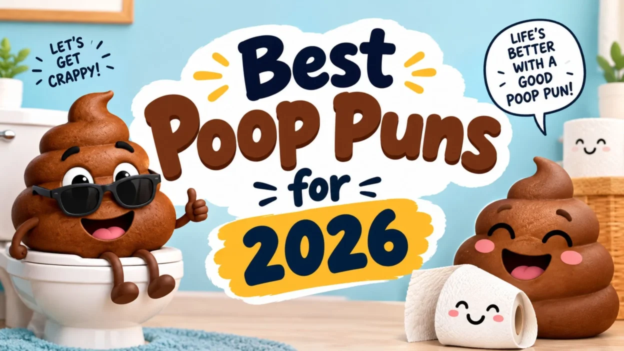 Best poop puns for 2026 featuring funny cartoon poop characters, smiling toilet paper rolls, and playful bathroom humour.