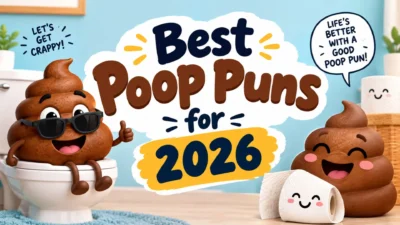 Best poop puns for 2026 featuring funny cartoon poop characters, smiling toilet paper rolls, and playful bathroom humour.