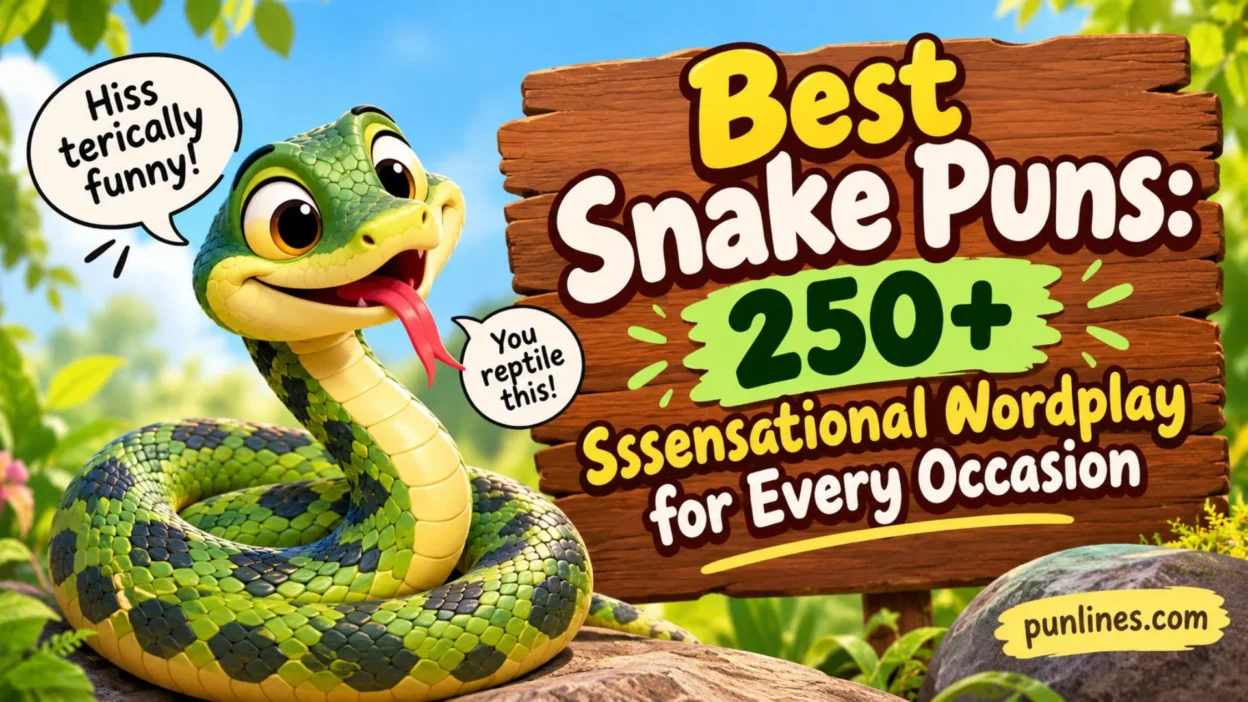 A cheerful cartoon snake with playful expressions beside a wooden sign featuring 250+ funny snake puns.