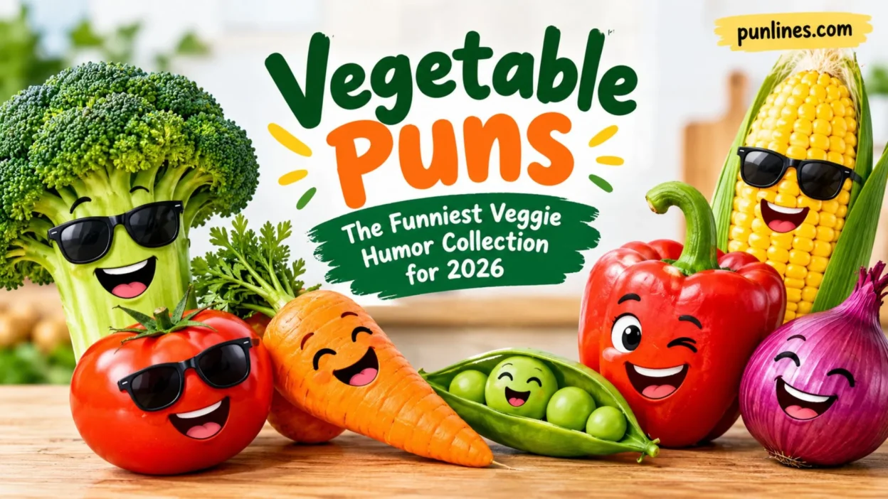 Funny vegetable puns with cheerful cartoon broccoli, tomato, carrot, corn, pepper, peas, and onion